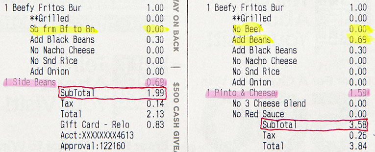 Photo of restaurant receipt comparison