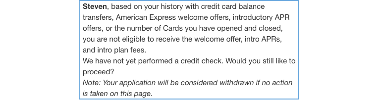 Screenshot of AmEx denial message
