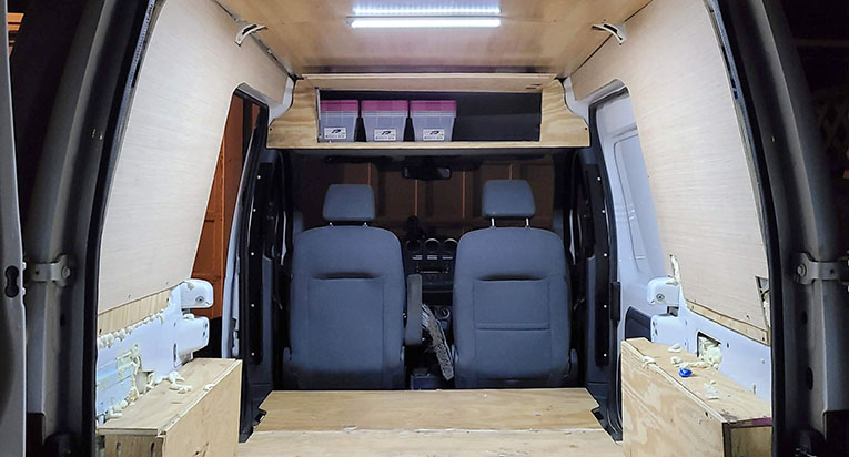 Photo of camper van conversion progress in Ford Transit Connect