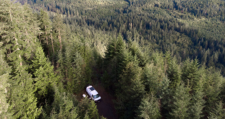 Photo of Chevy Express van camping in the woods