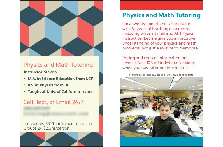 Photos of Steven's tutoring business cards