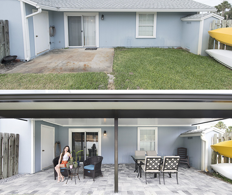 Photo collage of our porch before and after remodeling