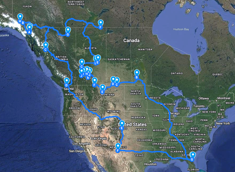 Map of our trip to Canadian National Parks