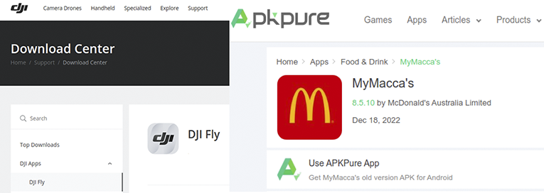 Screenshots of DJI download site and APKPure downloads