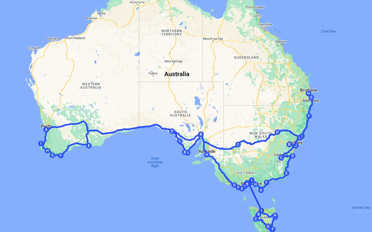 Map of our Australia road trip route